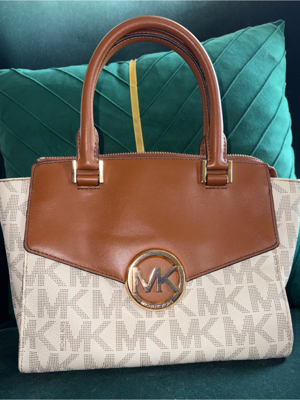 Michael Kors Hudson Satchel & Crossbody in Cream Logo with Brown Leather Trim